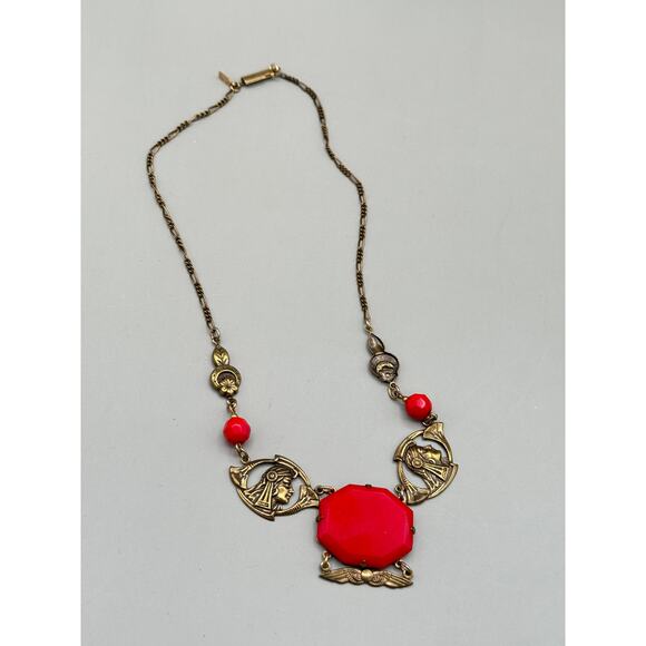 Vintage Sadie Green Antique Style Victorian Pendant Necklace with Red Glass - Picture 4 of 11